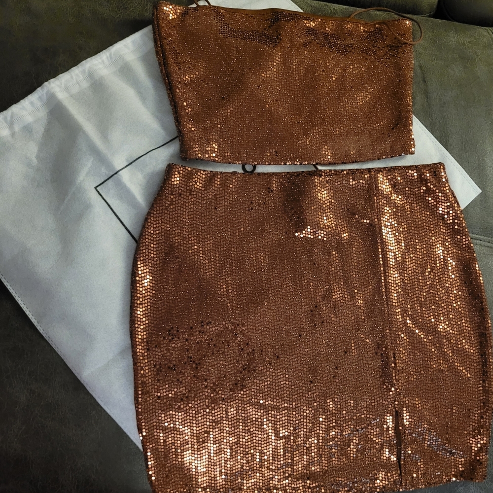 Windsor Copper Sequin Two-Piece Crop Top and Skirt Set